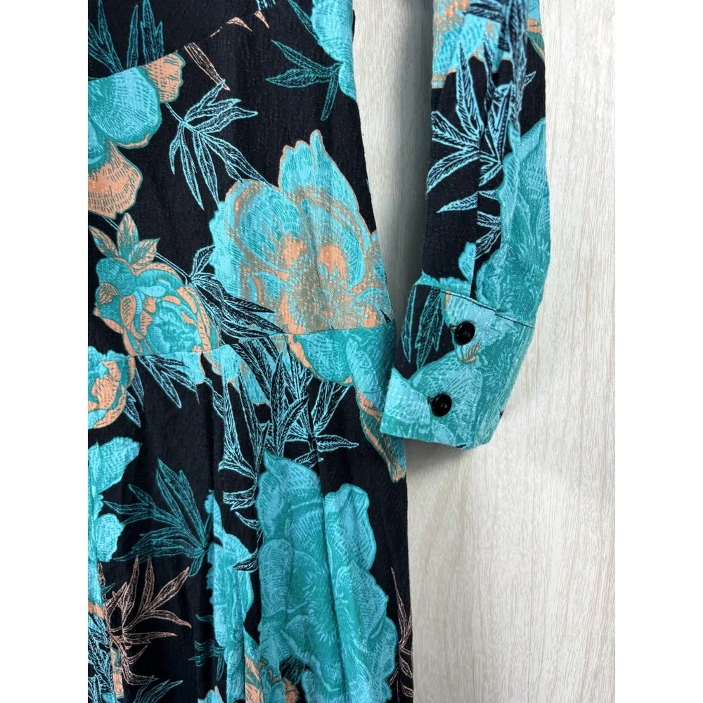 Soft Surroundings Womens M Teal Floral Maxi Dress Black Viscose Tie Front Boho